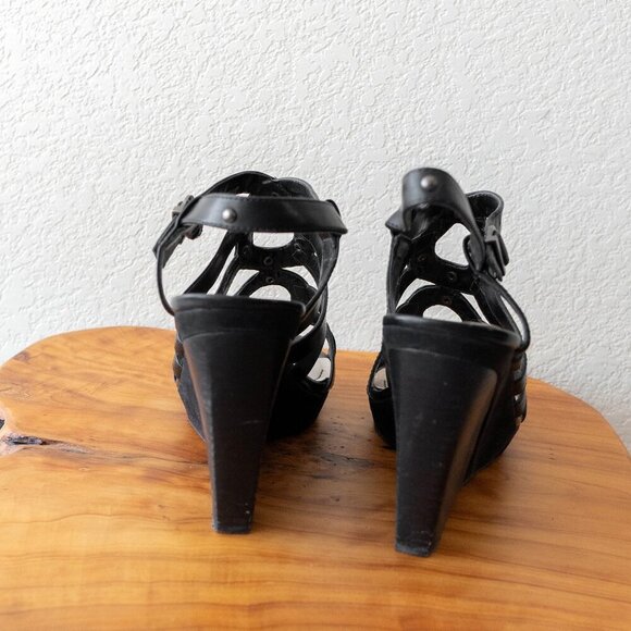 Vintage Nine & Co Wedge Sz 10 Black Silver Strappy Studded Platform Heels Y2K - Picture 3 of 4